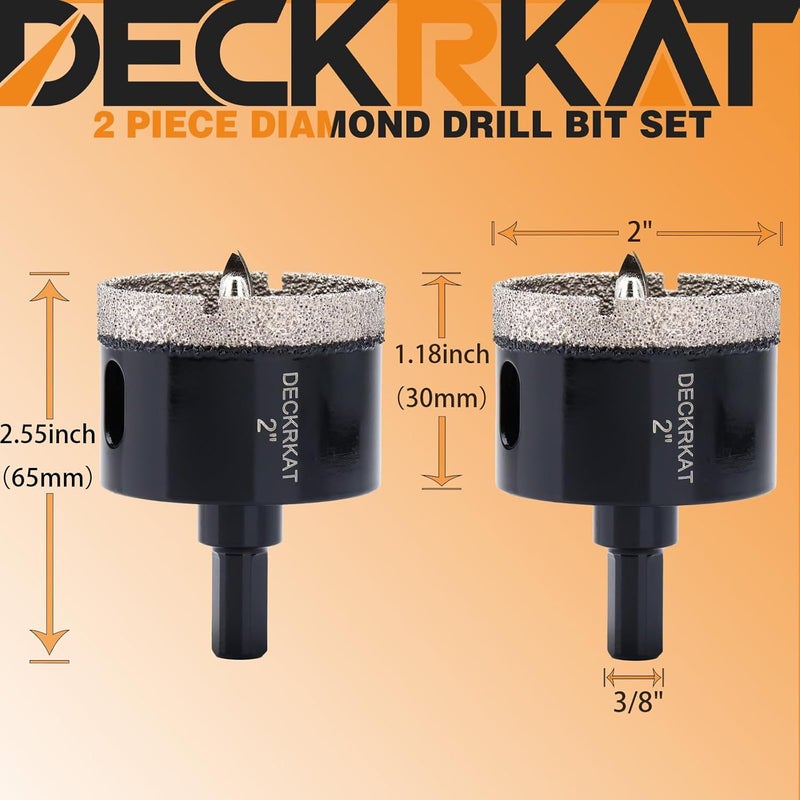 DECKRKAT 2 Inch Diamond Hole-Saw Bits with Pilot Drill Bit - 2pc 2" Diamond Tipped Tile Hole Saws with Guiding Bit Accurate Drilling for Porcelain Tile Ceramic Pottery Granite Stone Glass Bottles 50mm - Image 2